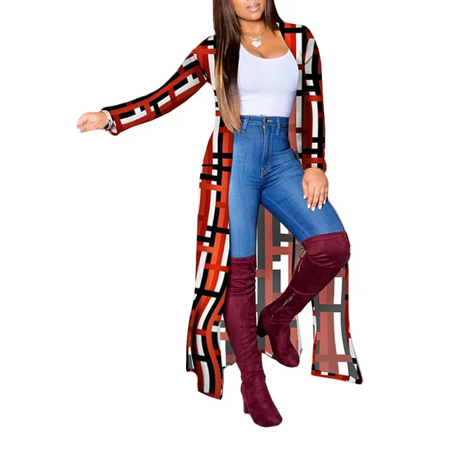 Geometric Print Long Stylish Casual Jacket Red - Shop at LoveMi