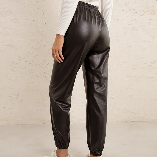 Motorcycle Leather Versatile Elastic Waist PU Leather Leather Pants Women Coffee - Shop at LoveMi