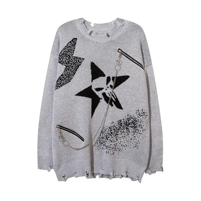 Ladies Zipper Busted Cut Torn Sweater Grey - Shop at LoveMi