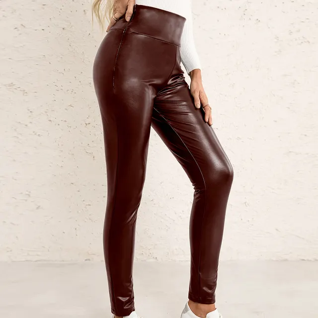High Elasticity Slim Fit PU Trousers Motorcycle Skinny Leather Pants Women Wine Red - Shop at LoveMi