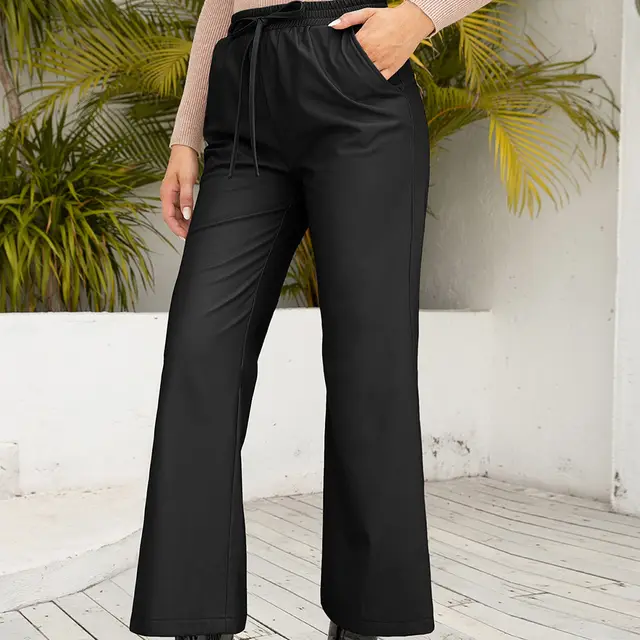 PU Loose Trousers Motorcycle Leather Straight Wide Leg Leather Pants Women Black - Shop at LoveMi