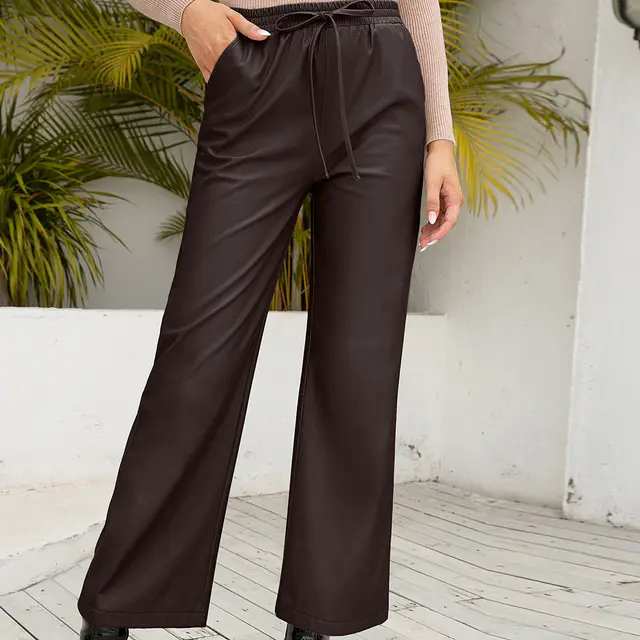 PU Loose Trousers Motorcycle Leather Straight Wide Leg Leather Pants Women Coffee - Shop at LoveMi