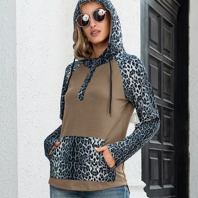 Leopard Print Patchwork Contrast Color Hooded Long Sleeve Sweater Top Women Khaki - Shop at LoveMi
