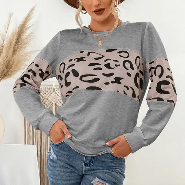 Knitted Leopard Print Pullover Round Neck Contrast Color Patchwork Sweatshirt Women Light Grey - Shop at LoveMi