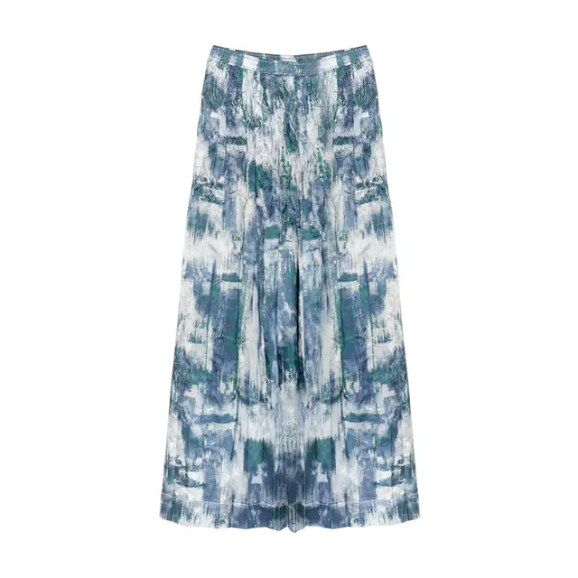 Acetate Print Pleated Skirt Hem Slit Skirt Blue - Shop at LoveMi