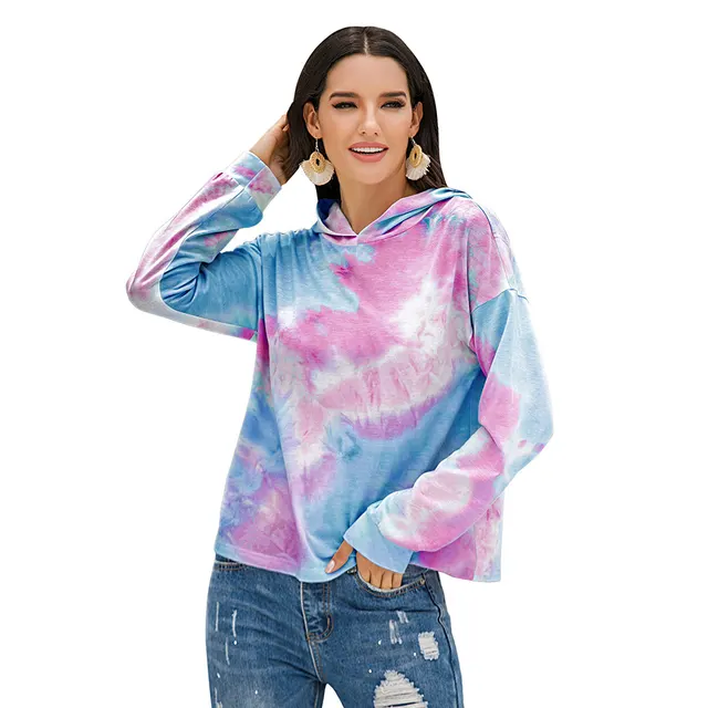 Women's Tie dye Print Gradient Hooded Sweatshirt Top Blue And Purple - Shop at LoveMi