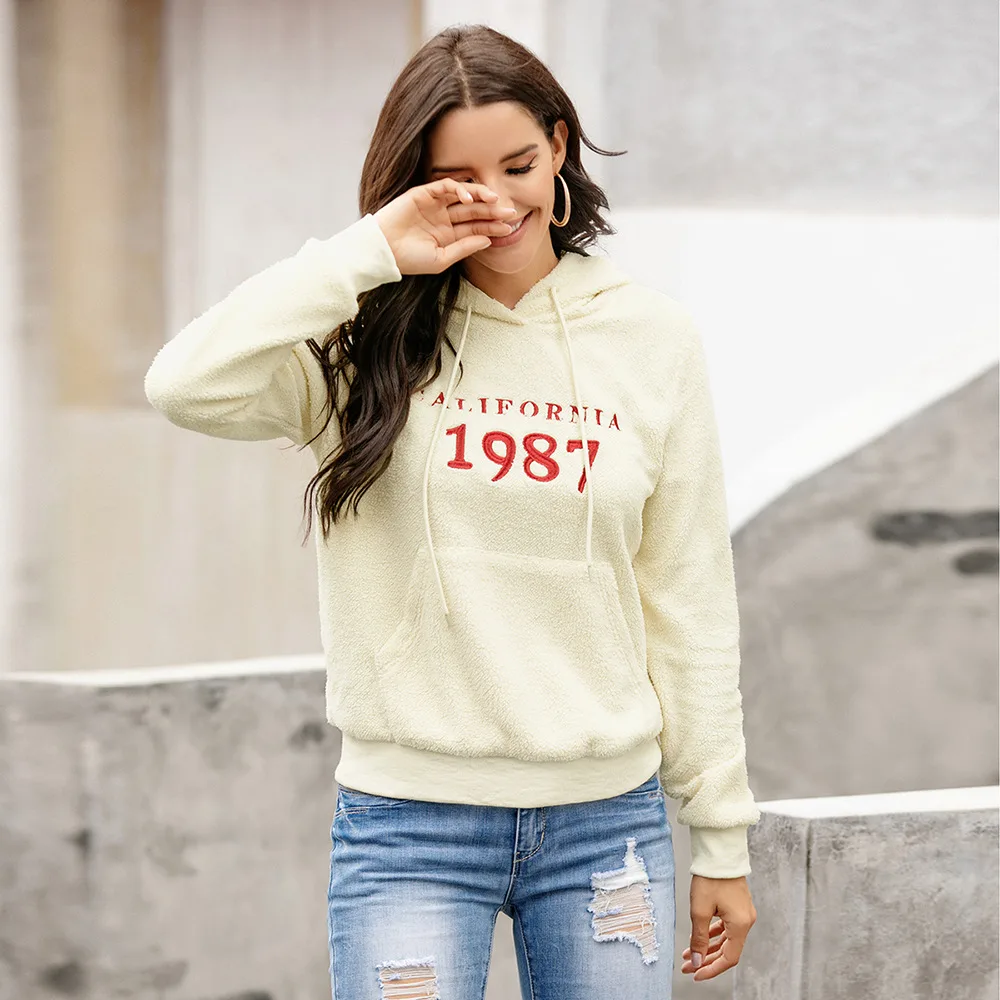 Lamb Fleece Casual Jacket Embroidered Plush Pullover Sweater Top Women Apricot - Shop at LoveMi