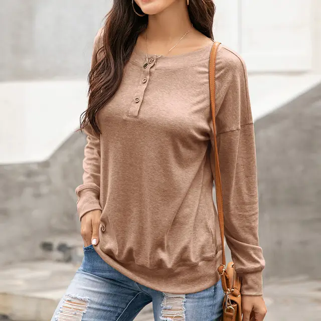 Round Neck Button Long Sleeve Casual Pullover Sweater Loose Top Women Khaki - Shop at LoveMi