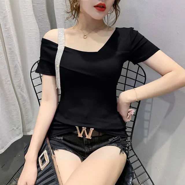 Summer Korean Slim Short Sleeve T shirt Women Black - Shop at LoveMi
