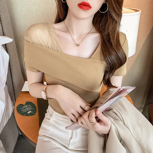 Summer Korean Slim Short Sleeve T shirt Women Khaki - Shop at LoveMi