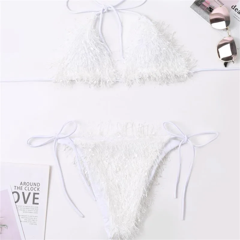 European And American Tassel Swimsuit Bikini White - Shop at LoveMi