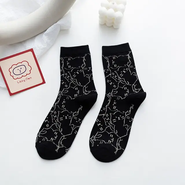 Japanese Cartoon Cartoon Cat Sweet Medium Tube Cotton Socks Line Cat Black - Shop at LoveMi