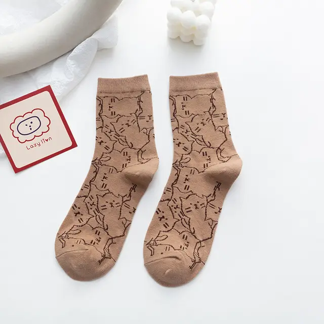 Japanese Cartoon Cartoon Cat Sweet Medium Tube Cotton Socks Line Cat Coffee - Shop at LoveMi