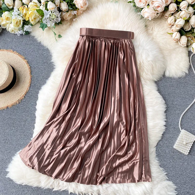 Metallic Shiny Pleated High Waist Thin Elastic Waist Skirt Coffee - Shop at LoveMi