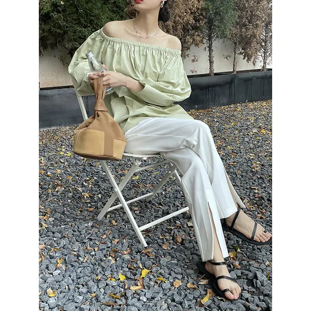 Women's Minimalist High Waist Thin Split Casual Suit Wide Leg Pants White - Shop at LoveMi
