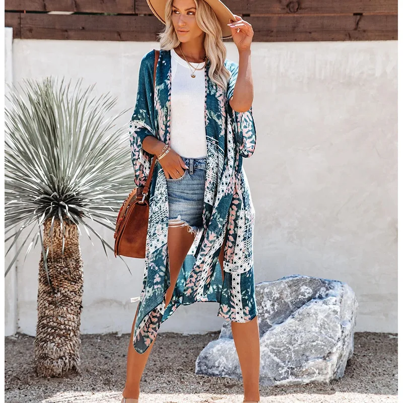 Mid Length Slit Chiffon Print Sun Blouse Positioning Flower Ink Blue - Shop at LoveMi