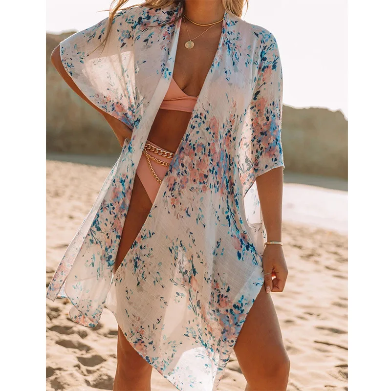 Mid Length Slit Chiffon Print Sun Blouse White - Shop at LoveMi