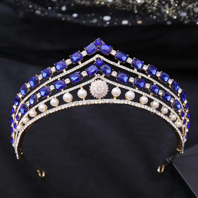 Rhinestone Baroque Set Zircon Alloy Bridal Crown Jewelry Kkc Gold Blue - Shop at LoveMi