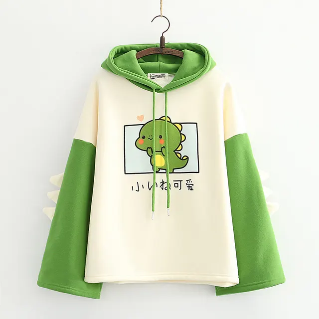 Cute dinosaur high school student Plush Hoodie Green - Shop at LoveMi