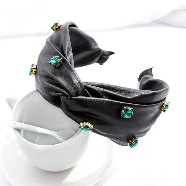 Leather Cross Knot Hairband Green Big Stone Headband Hair Accessories 23 orders Black - Shop at LoveMi