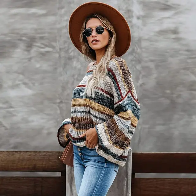 Striped long sleeve loose round neck pullover sweater women Stripe - Shop at LoveMi