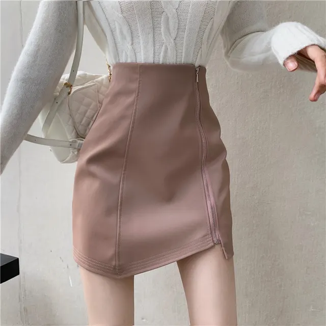 High waist Korean Style Bag Hips Slim Fashion Zipper Leather Skirt Pink - Shop at LoveMi
