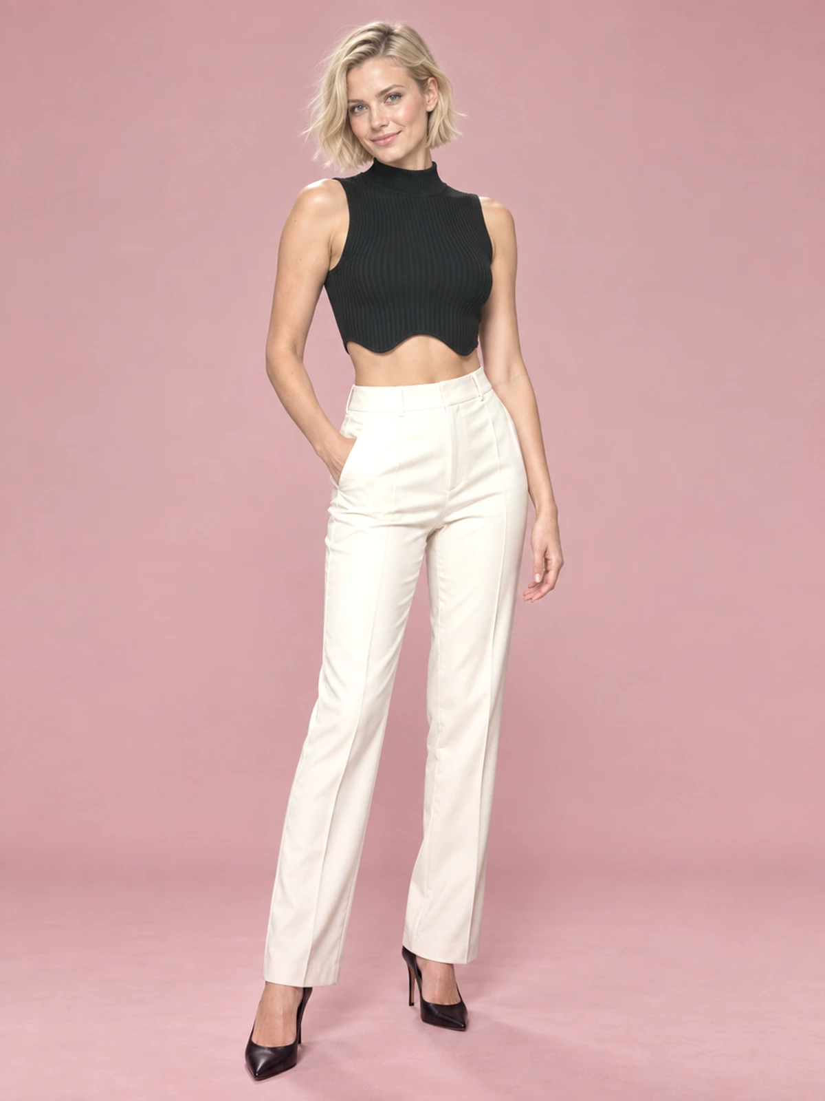 Slim-Fit Tank Top Turtleneck Backless Bodysuit - Black