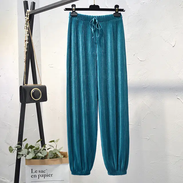 Women's High Waist Ice Silk Chiffon Pleated Pants Blue - Shop at LoveMi