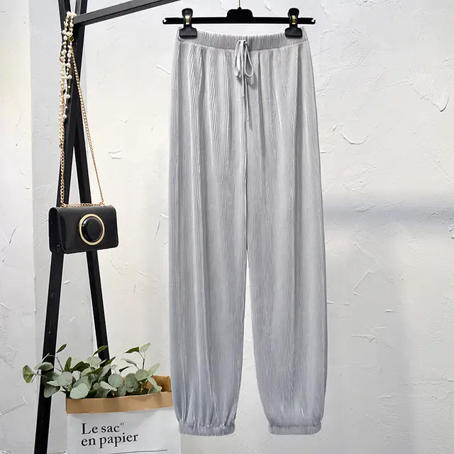 Women's High Waist Ice Silk Chiffon Pleated Pants Grey - Shop at LoveMi