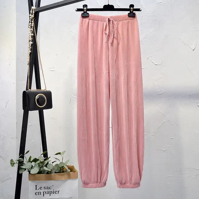 Women's High Waist Ice Silk Chiffon Pleated Pants Pink - Shop at LoveMi