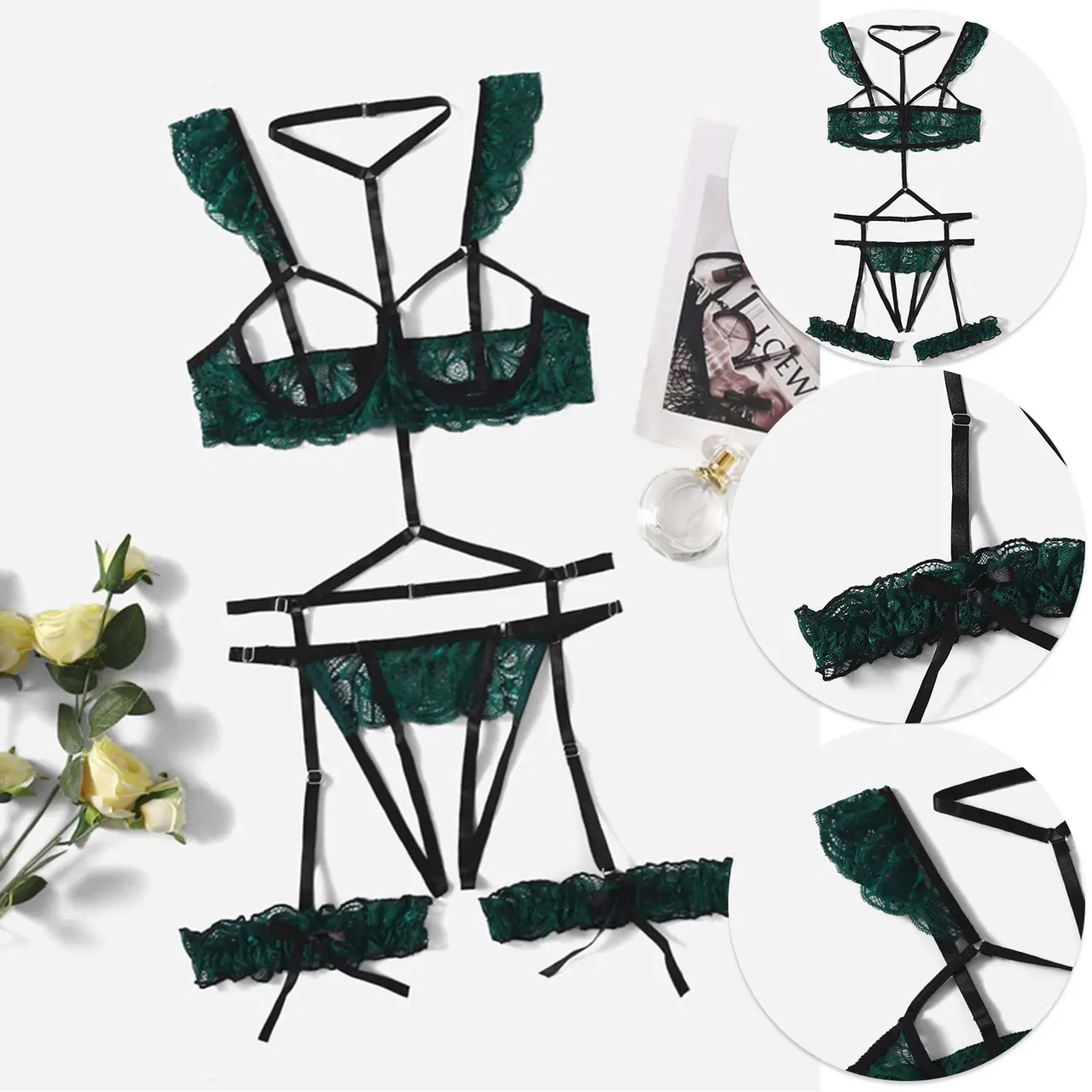Lingerie Cup Bra Crotchless With Garter - Green