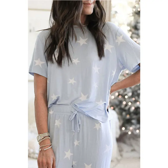 Women's Printed Short Sleeve Two Piece Loungewear Blue - Shop at LoveMi