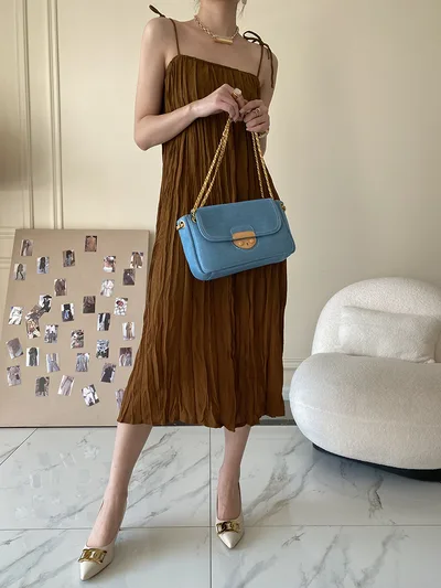 French Pleated Textured Slip Dress Mid Length Coffee Brown - Shop at LoveMi