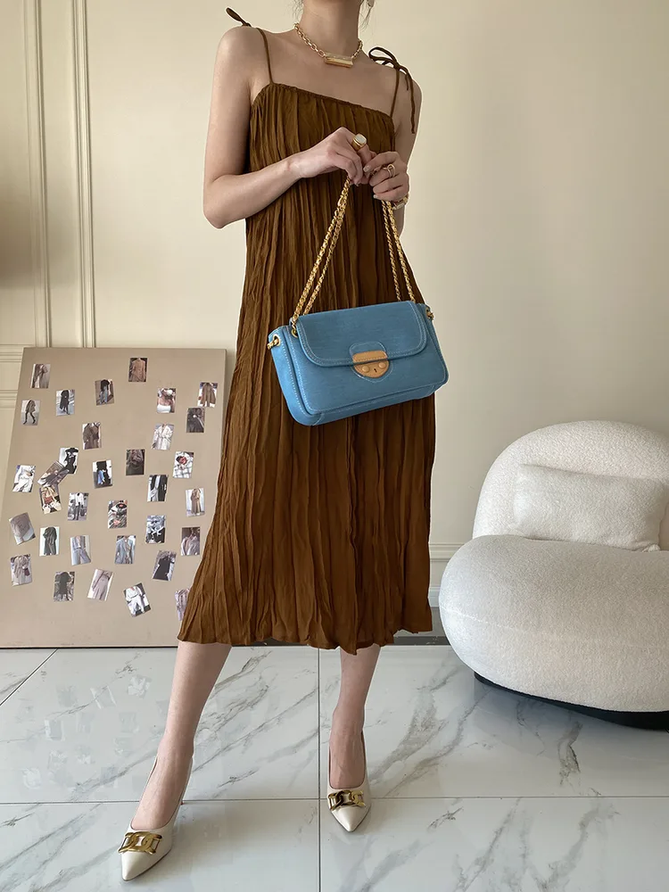 French Pleated Textured Slip Dress Mid Length Coffee - Shop at LoveMi