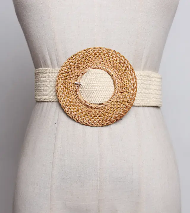 Versatile Oversized Round Buckle Straw Elastic Belt Apricot - Shop at LoveMi