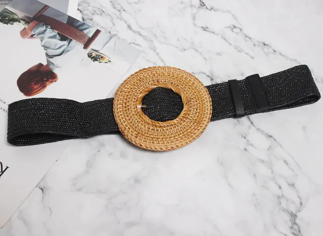 Versatile Oversized Round Buckle Straw Elastic Belt Black - Shop at LoveMi