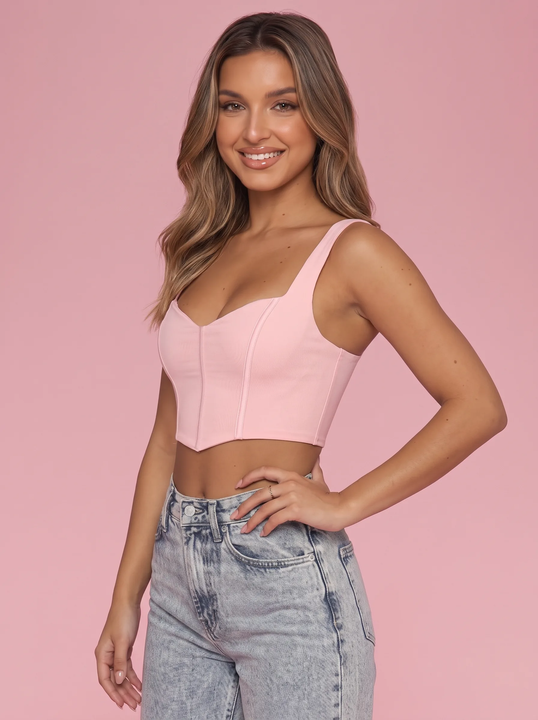 Corset Crop Top with Square Neckline and Open Back - Pink - View 3