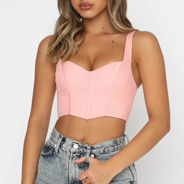 Mesh Fishbone Square Neck Cropped Navel Shower Back Short Corset Pink - Shop at LoveMi