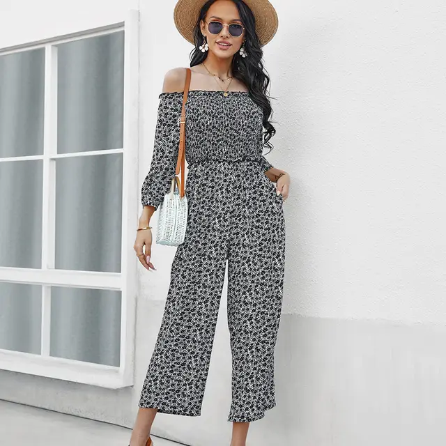 Wide Leg Pants Print Jumpsuit One Shoulder Top White - Shop at LoveMi