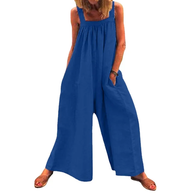Ladies Cotton Linen Solid Color Bib Jumpsuit Blue - Shop at LoveMi