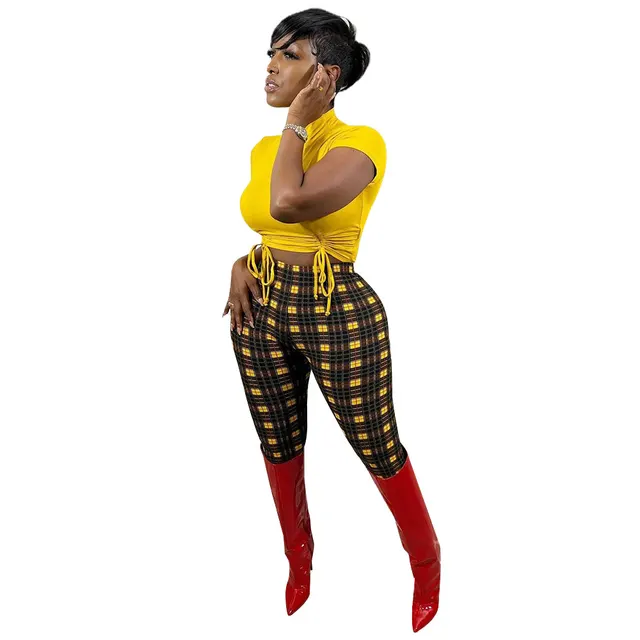 Women's Fashion Sports Casual Milk Silk Print Leggings Plaid - Shop at LoveMi