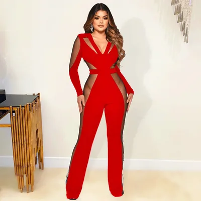 Women's Fashion Mesh Panel Jumpsuit Flared Pants Red - Shop at LoveMi