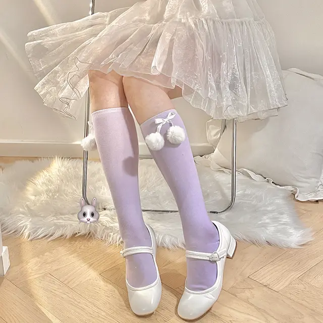 Lolita Women's Autumn Bow Maid Lace Fur Ball Socks Purple - Shop at LoveMi
