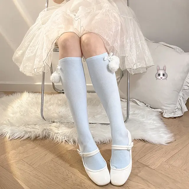 Lolita Women's Autumn Bow Maid Lace Fur Ball Socks Sax - Shop at LoveMi
