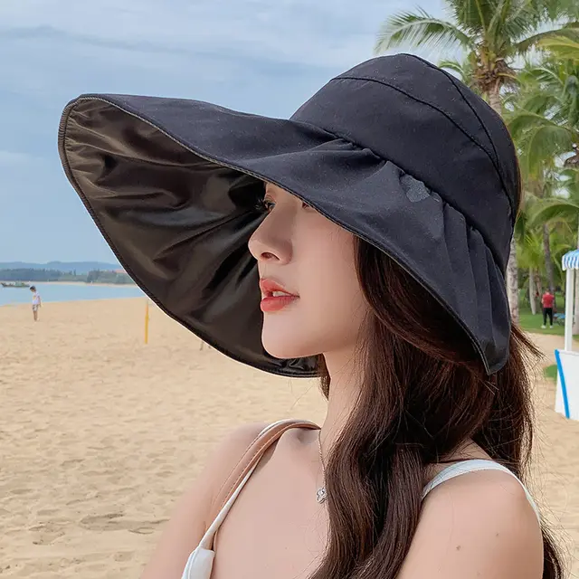 Women's Summer Large Brim Anti ultraviolet Black Plastic Empty Top Sun Hat Black - Shop at LoveMi