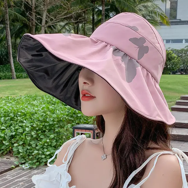 Women's Summer Large Brim Anti ultraviolet Black Plastic Empty Top Sun Hat Pink - Shop at LoveMi