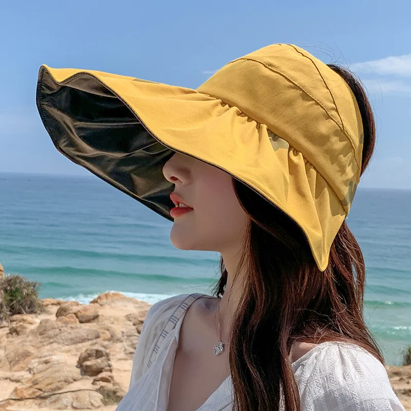 Women's Summer Large Brim Anti ultraviolet Black Plastic Empty Top Sun Hat Yellow - Shop at LoveMi