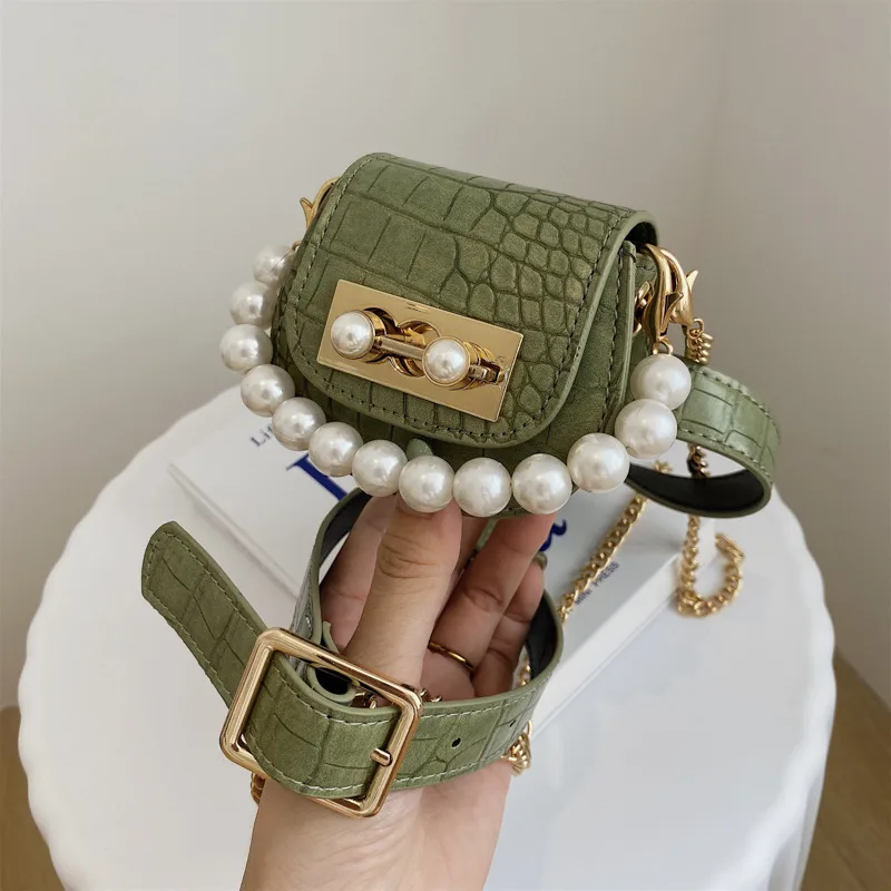 Pearl Chain Ladies Mini Crossbody Belt Bag Green - Shop at LoveMi