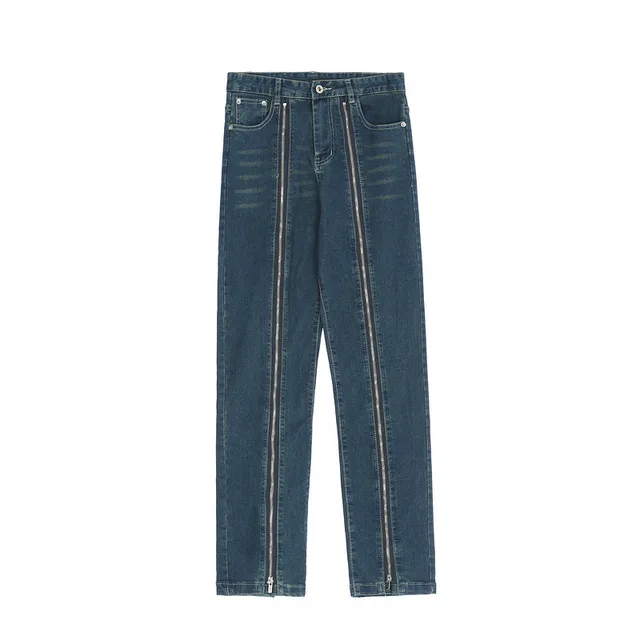 High Street Fashion Brand Long Zipper Vibe Style Deconstructed Washed Distressed Jeans Dark Blue - Shop at LoveMi