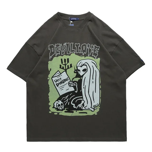Newspaper Printing Short sleeved T shirt Personality Tide Brand Loose Grey - Shop at LoveMi